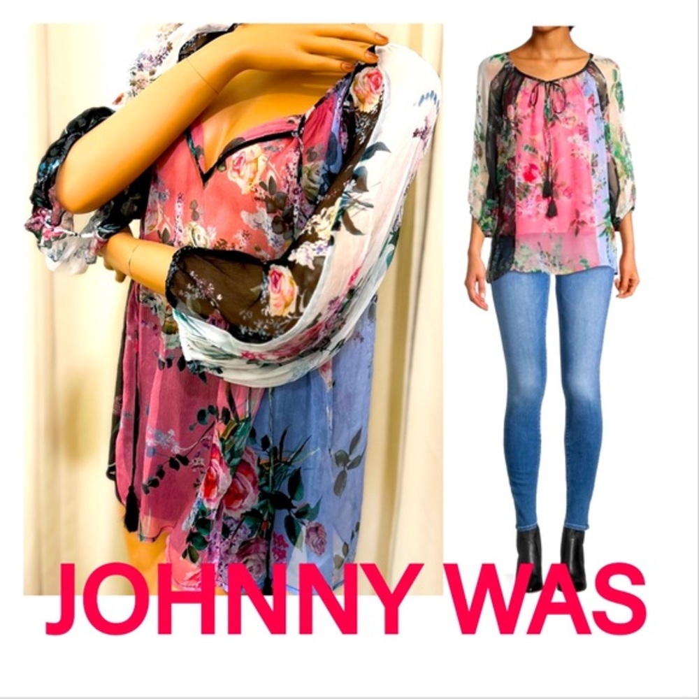 New Johnny Was Silk Gisele Floral Peasant Multi Color Top Size XL $250